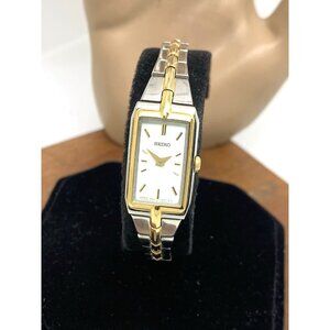 Seiko Women's Watch SWR044 Quartz Petite Tank Rectangle White Dial 2-Tone Steel